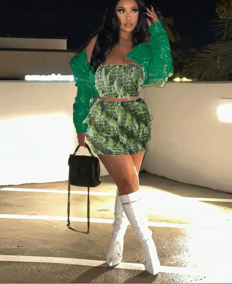 Panelled Patchwork Chest Crop Top+ Mini Skirt