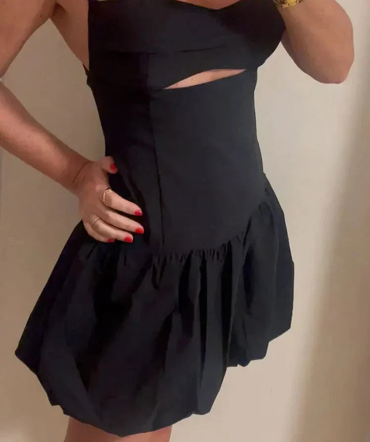 Black Hollow Out Mini Pleated Dress