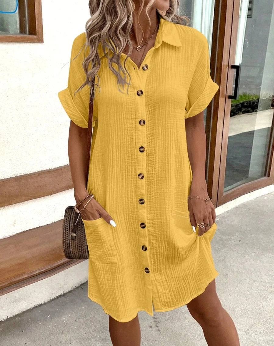Mini V-neck Three Quater Sleeve Cotton Linen Dress