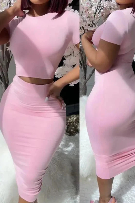 Short Sleeve Top & High Waist Skirt Two Piece