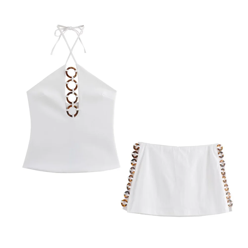 Hanging neck collar skirt two-piece set