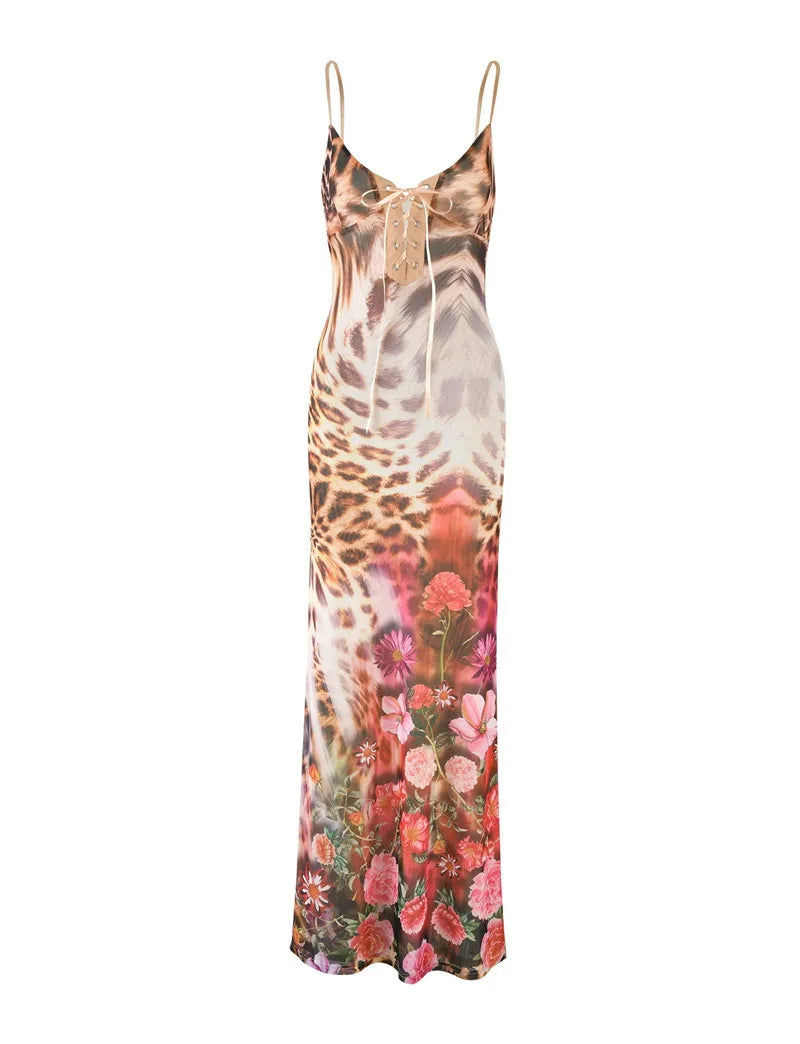 Floral Print Tie Detail Maxi Bodycon Dress