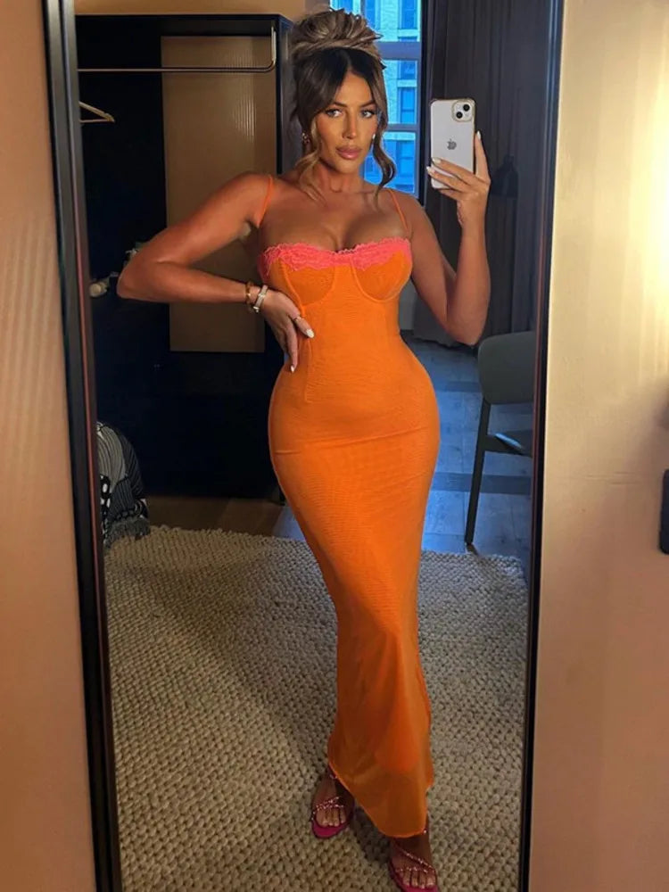 Lace Spaghetti Strap Bodycon Maxi Dress