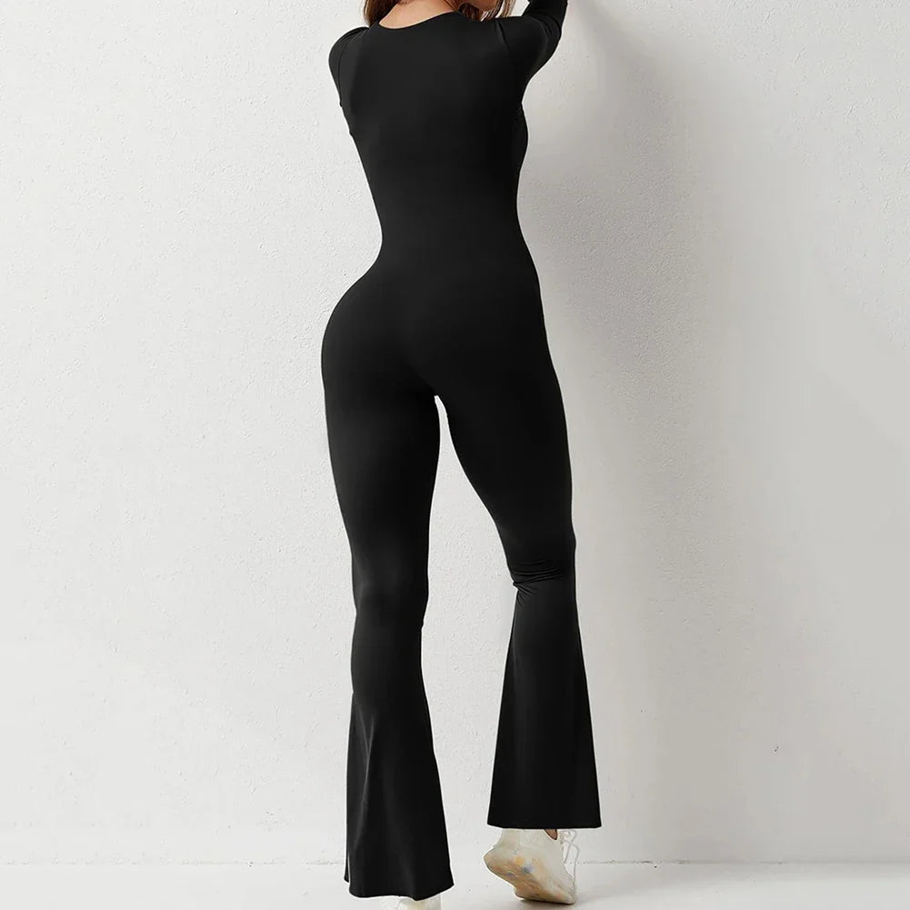 Long Sleeved Square Neck Slim Fit Flared Bodycon Jumpsuit