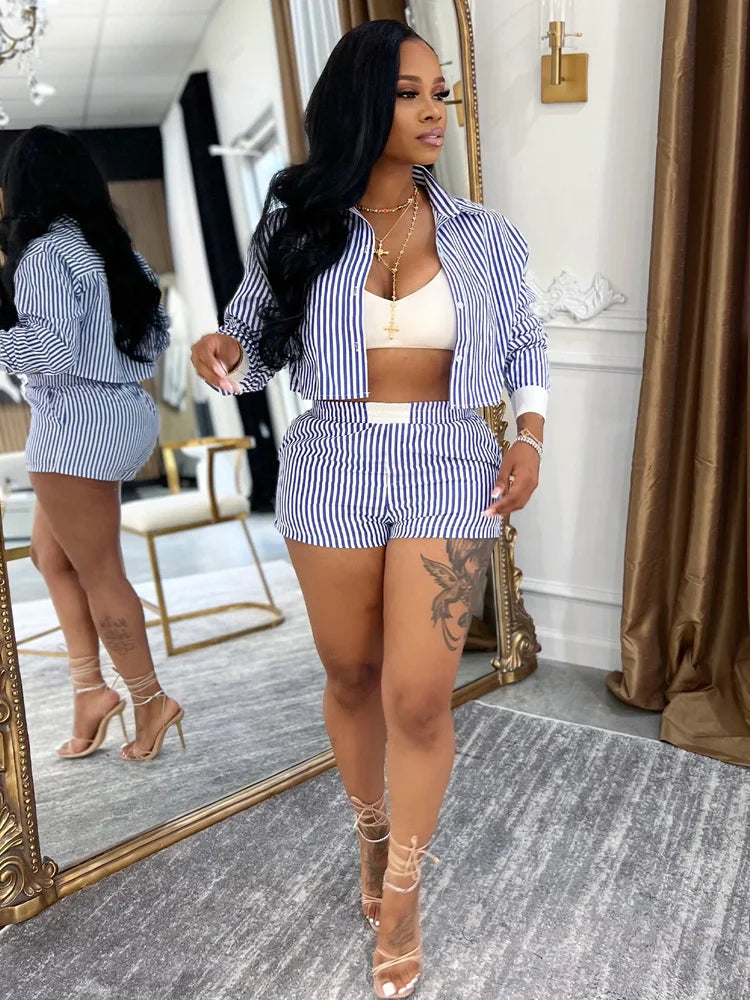 Striped Blouse Shirt Top And Short Set