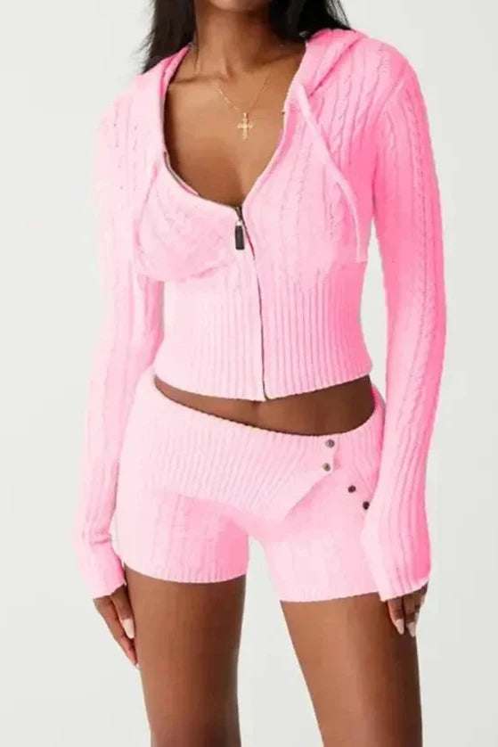 Knitted Hooded Cardigan Shorts Two Piece Set