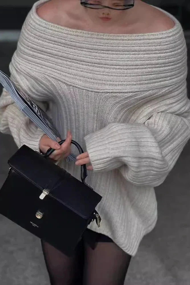 Off-Shoulder Solid Knit Oversized Sweater