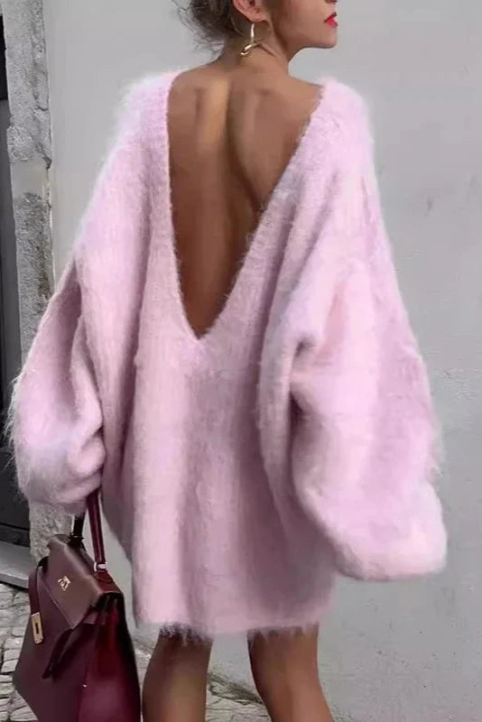 Long Oversized Backless Fluffy Knitted Sweater Dress