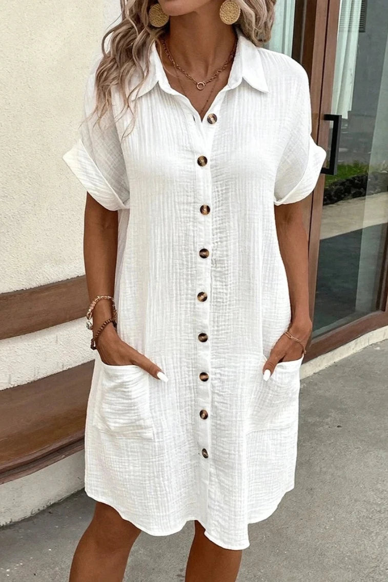 Mini V-neck Three Quater Sleeve Cotton Linen Dress