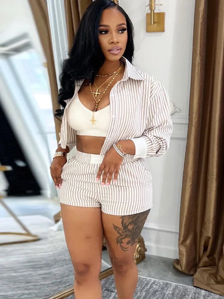 Striped Blouse Shirt Top And Short Set