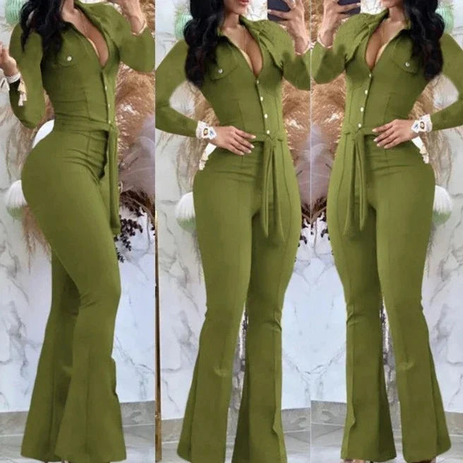 Long Sleeve Skinny Bootcut Jumpsuit with Belt