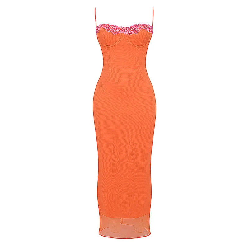 Lace Spaghetti Strap Bodycon Maxi Dress