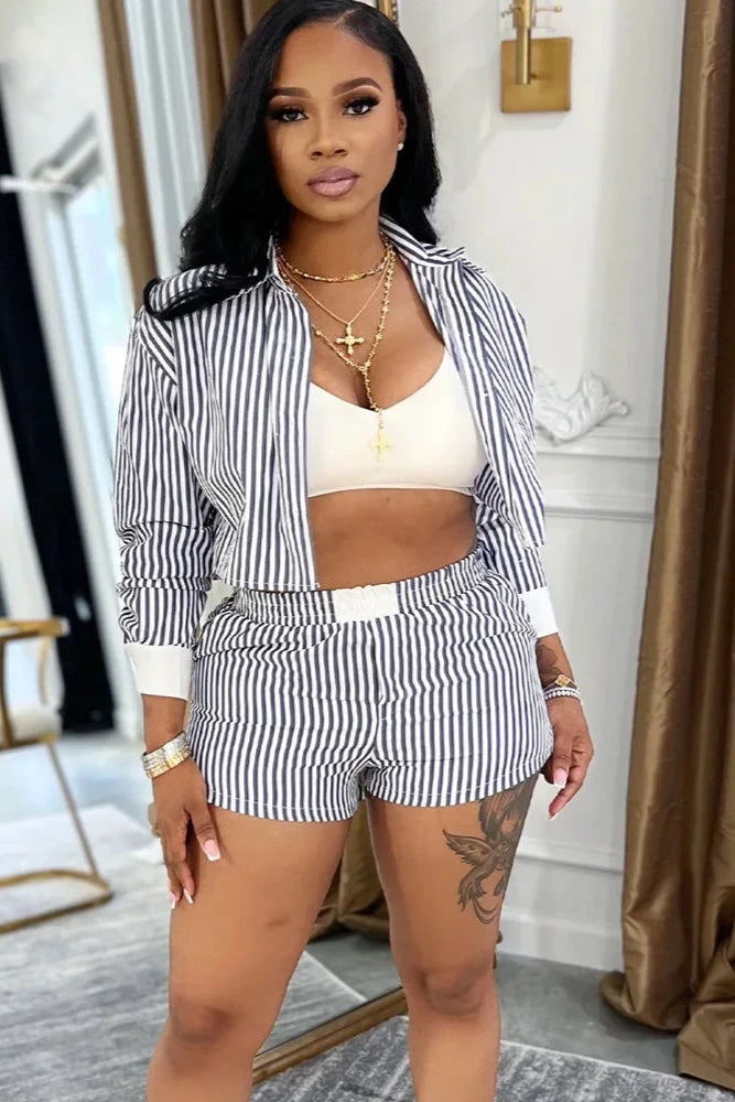 Striped Blouse Shirt Top And Short Set