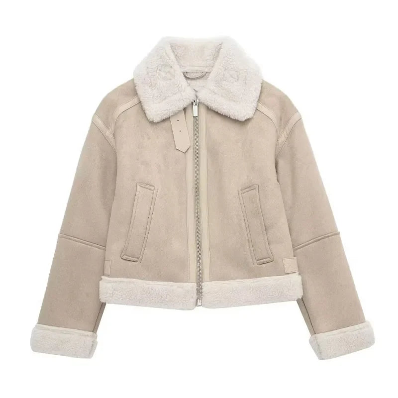 Beige Faux Shearling Aviator Jacket