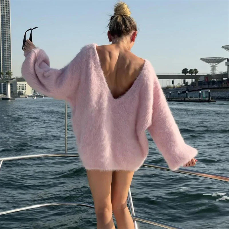 Long Oversized Backless Fluffy Knitted Sweater Dress