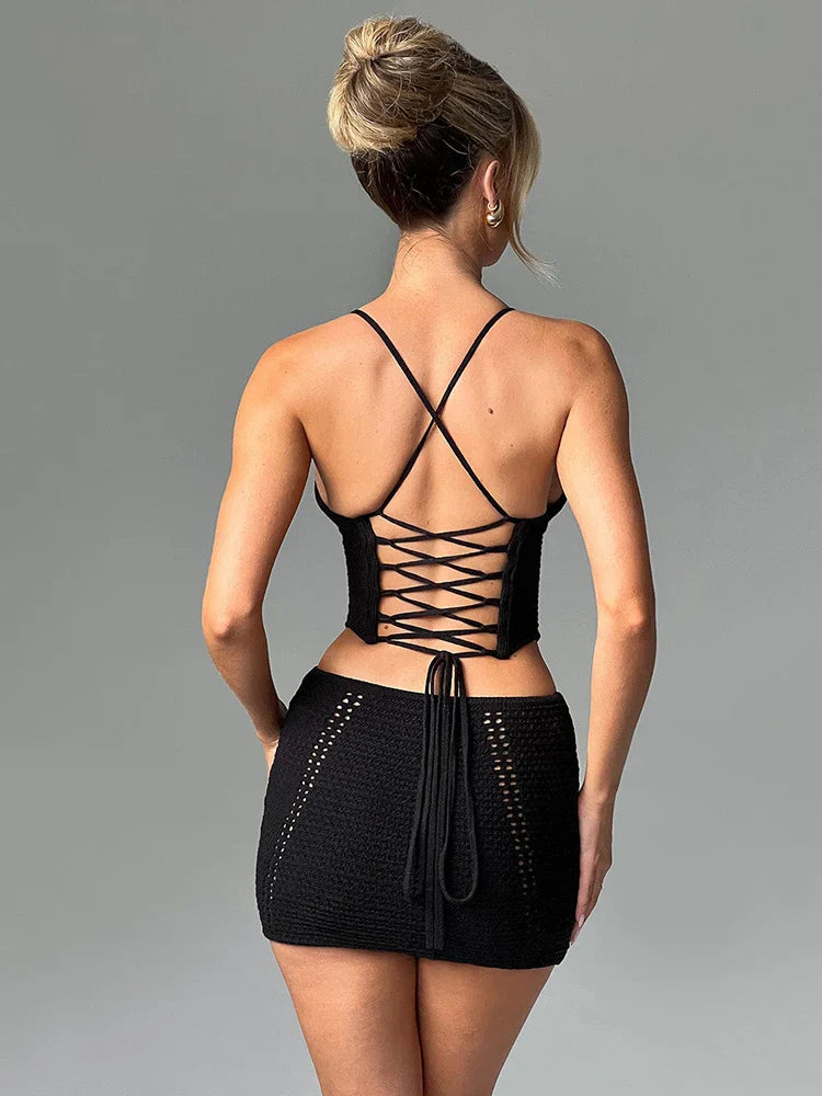 Knitted Spaghetti Strap Top Mini Skirt Two Piece Set