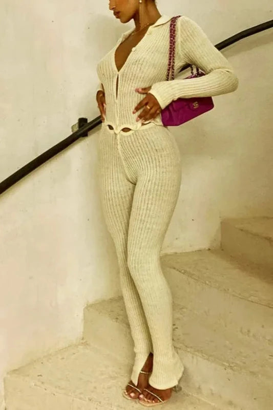 Button Up Cut Out Knitted Jumpsuit