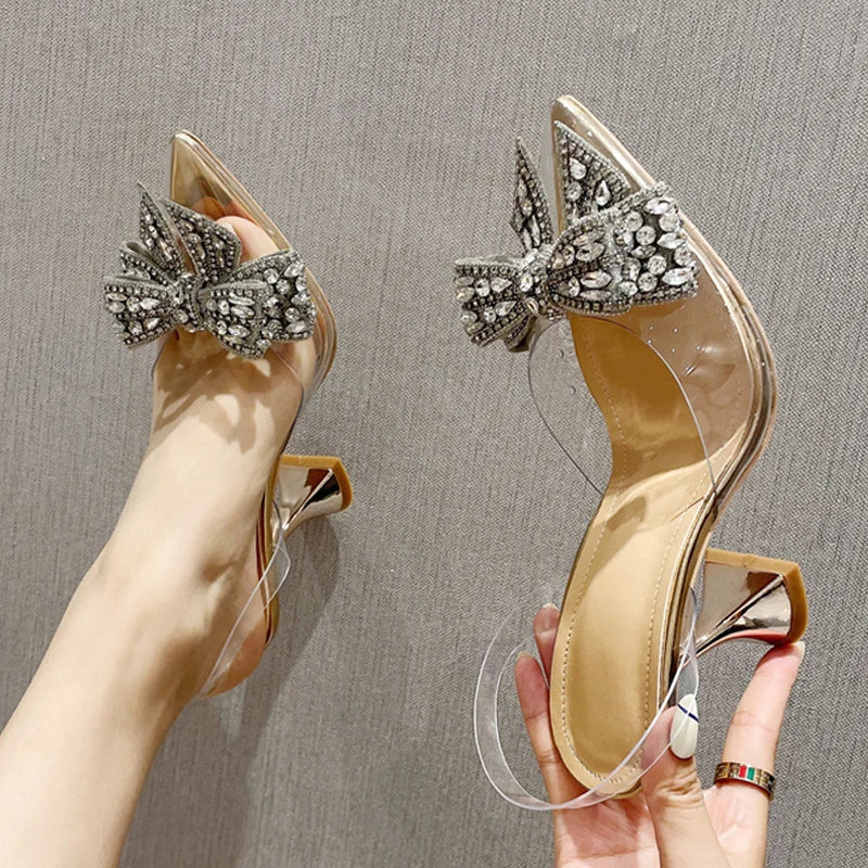 Crystal Sequined Bowknot Pointed Toe Heels