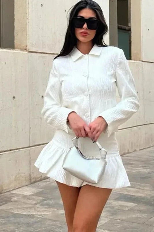 White Collar Top Skirt Two Piece Set