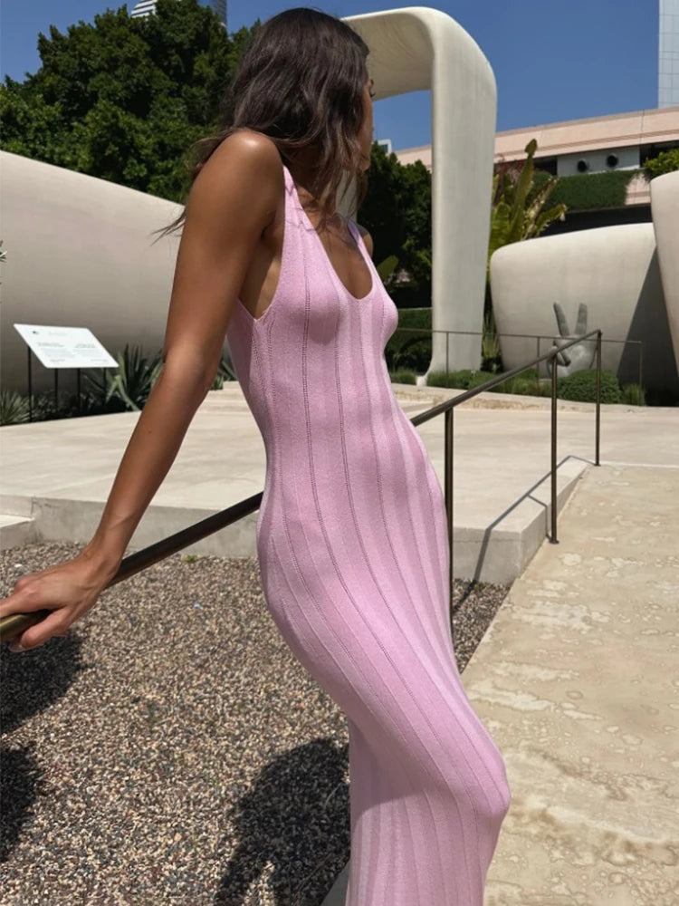 Knit Backless V Neck Slim Sleeveless Dress