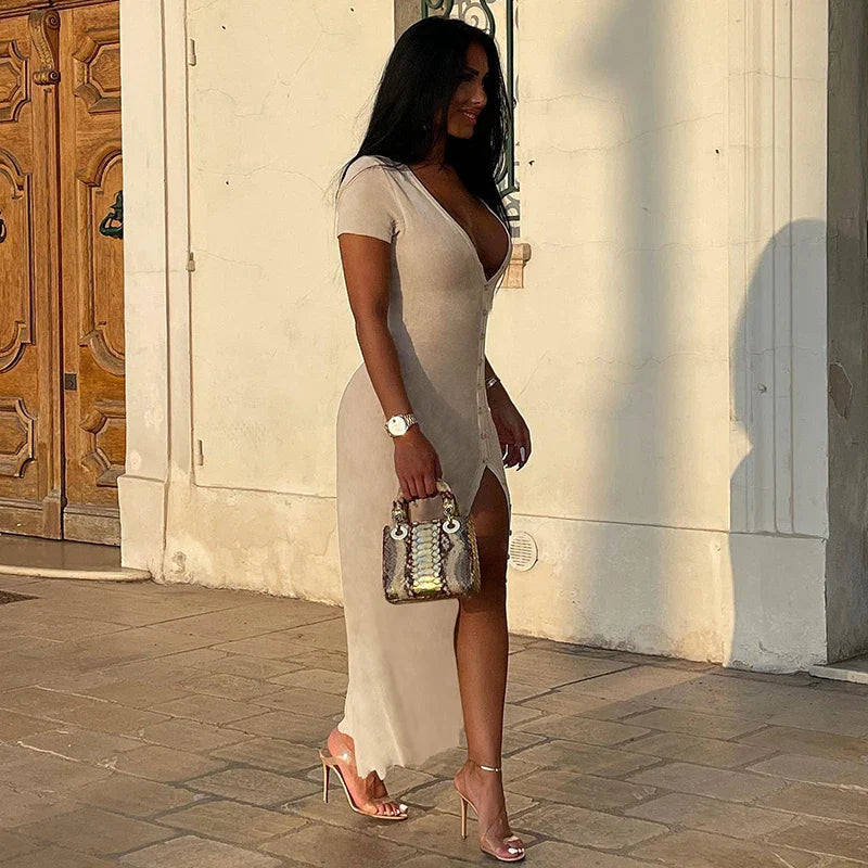 Elegant V-neck Button Down Maxi Dress