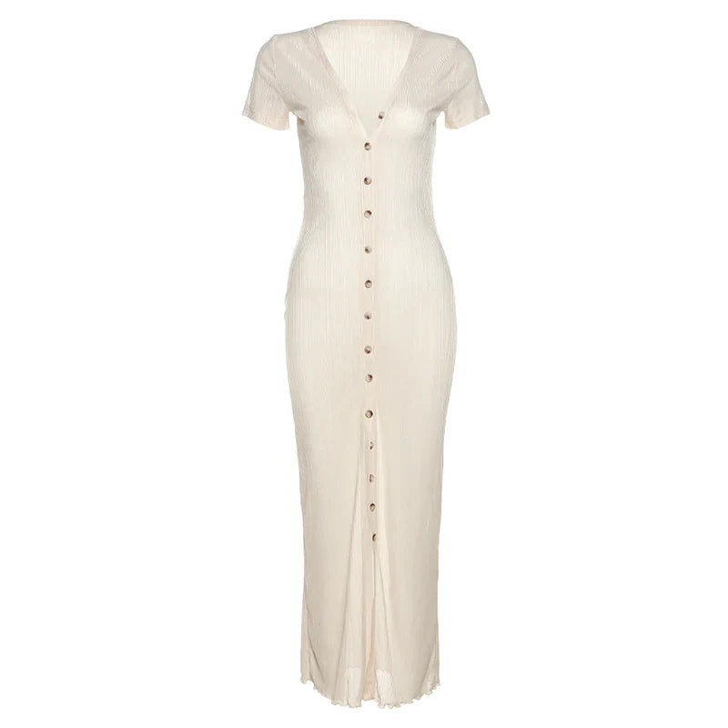 Elegant V-neck Button Down Maxi Dress