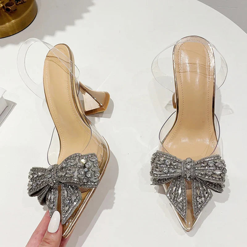Crystal Sequined Bowknot Pointed Toe Heels
